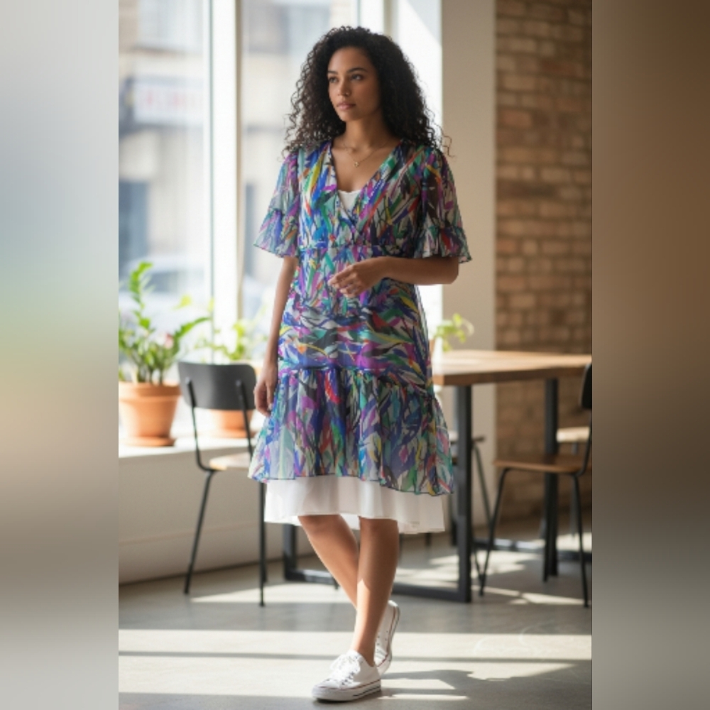 GuyBaxter Colorful Sheer Drop Waist Short Sleeve Dress Women's Size 8